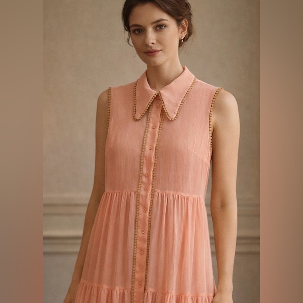 Manoush‎ Coral Tiered Maxi Dress Gold Trim Button Front Sleeveless